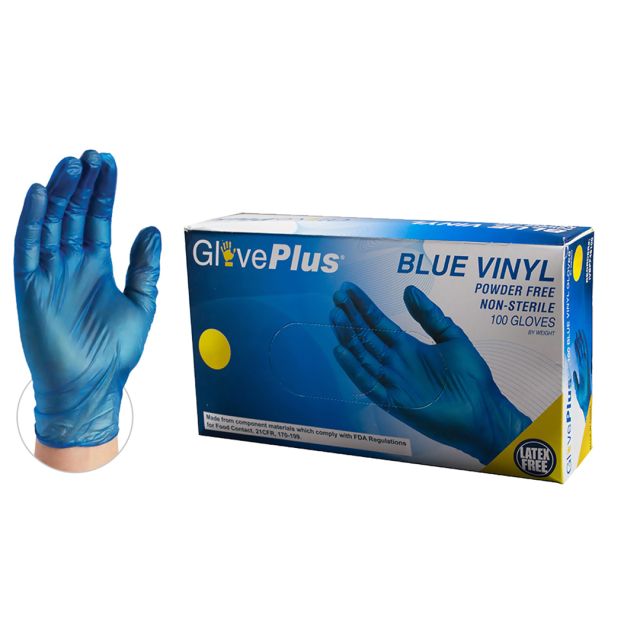 AMMEX® - Gloveplus Industrial Blue Vinyl Gloves, 4 mil, Latex Free, Powder Free, Food Safe, Disposable, Non-Sterile,  (Case of  1000 Gloves)