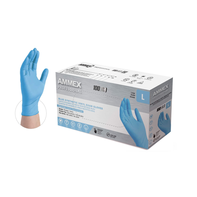 AMMEX® - Synthetic Blue Vinyl Exam Gloves, 4 mil, Size Small, Latex Free, Powder Free, Non- Sterile, Smooth(Case of  1000 Gloves)